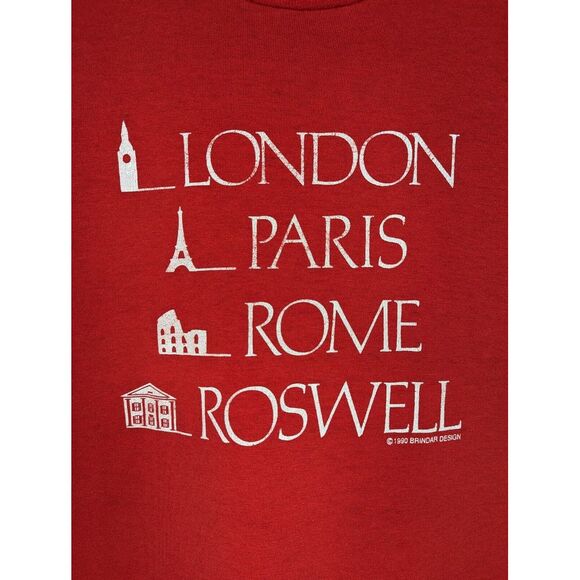 Vintage 1990 London Paris Rome Roswell T Shirt‎ Red Oneita Size L 42-44 GA USA - Picture 3 of 13